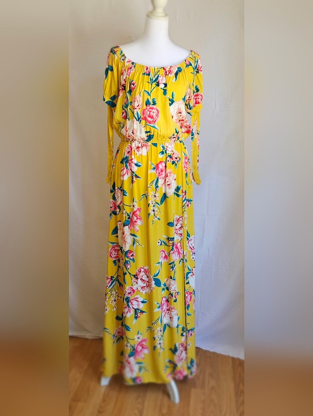 Band of Gypsies Yellow Floral Off Shoulder Maxi Dress L - Picture 2 of 16